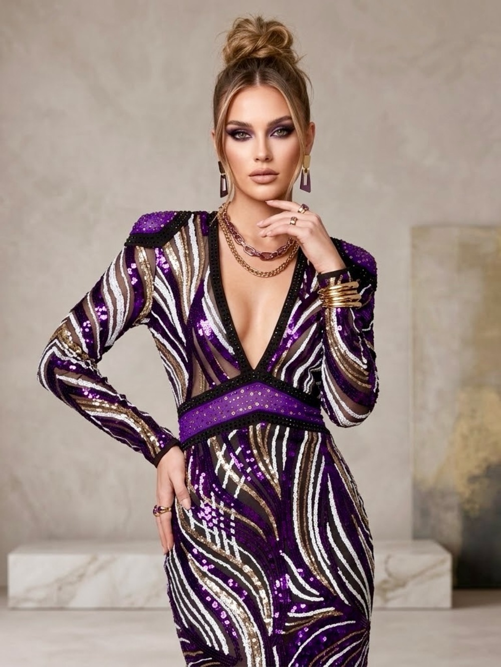 Fashion Nova Look So Good Sequin Mini Dress Purple Gold Rhinestone Bodycon S NWT